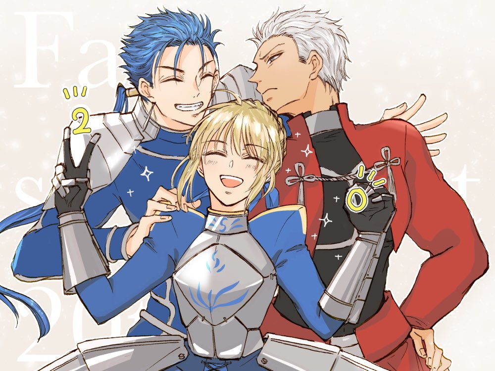 1girl 2boys :d ^_^ ahoge anniversary archer_(fate) armor armored_dress armored_gloves artoria_pendragon_(fate) blue_dress blue_hair blue_shirt boy_sandwich closed_eyes closed_mouth commentary_request copyright_name cu_chulainn_(fate) cu_chulainn_(fate/stay_night) dress facing_another facing_viewer fate/stay_night fate_(series) floating_hair frown grey_background grey_hair grin half-closed_eyes hand_on_another's_shoulder hand_on_own_hip hands_up juliet_sleeves long_hair long_sleeves looking_at_another low_ponytail medium_hair multiple_boys notice_lines open_clothes open_mouth open_shirt puffy_sleeves red_shirt saber_(fate) sandwiched shiomi_ac shirt short_hair simple_background smile sparkle spiky_hair teeth upper_body upper_teeth_only v v-shaped_eyebrows w_arms