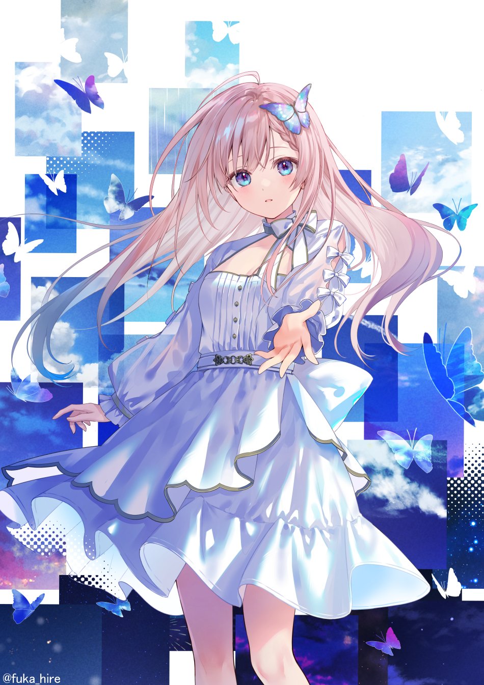 1girl abstract_background asymmetrical_bangs blue_eyes blush braid braided_bangs bug butterfly butterfly_hair_ornament commentary_request dress feet_out_of_frame fukahire_(ruinon) hair_ornament hair_spread_out highres long_hair long_sleeves looking_at_viewer original outstretched_arm outstretched_hand parted_lips pink_hair puffy_long_sleeves puffy_sleeves reaching reaching_towards_viewer solo standing twitter_username white_dress