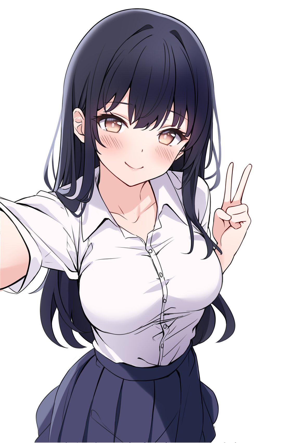 1girl black_hair black_skirt blush boku_no_kokoro_no_yabai_yatsu brown_eyes check_copyright closed_mouth collarbone commentary copyright_request english_commentary hand_up highres hitsukuya long_hair pleated_skirt reaching reaching_towards_viewer school_uniform short_sleeves simple_background skirt smile solo v very_long_hair white_background yamada_anna