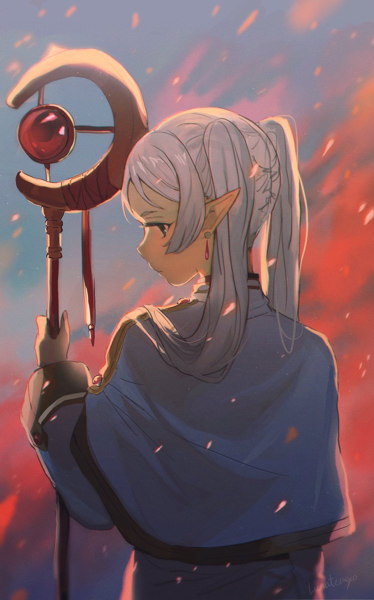 1girl capelet dangle_earrings drop_earrings earrings elf embers english_commentary expressionless frieren from_behind green_eyes holding holding_staff jewelry long_hair long_sleeves mage_staff mochii parted_bangs pointy_ears profile signature solo sousou_no_frieren staff twintails white_capelet white_hair