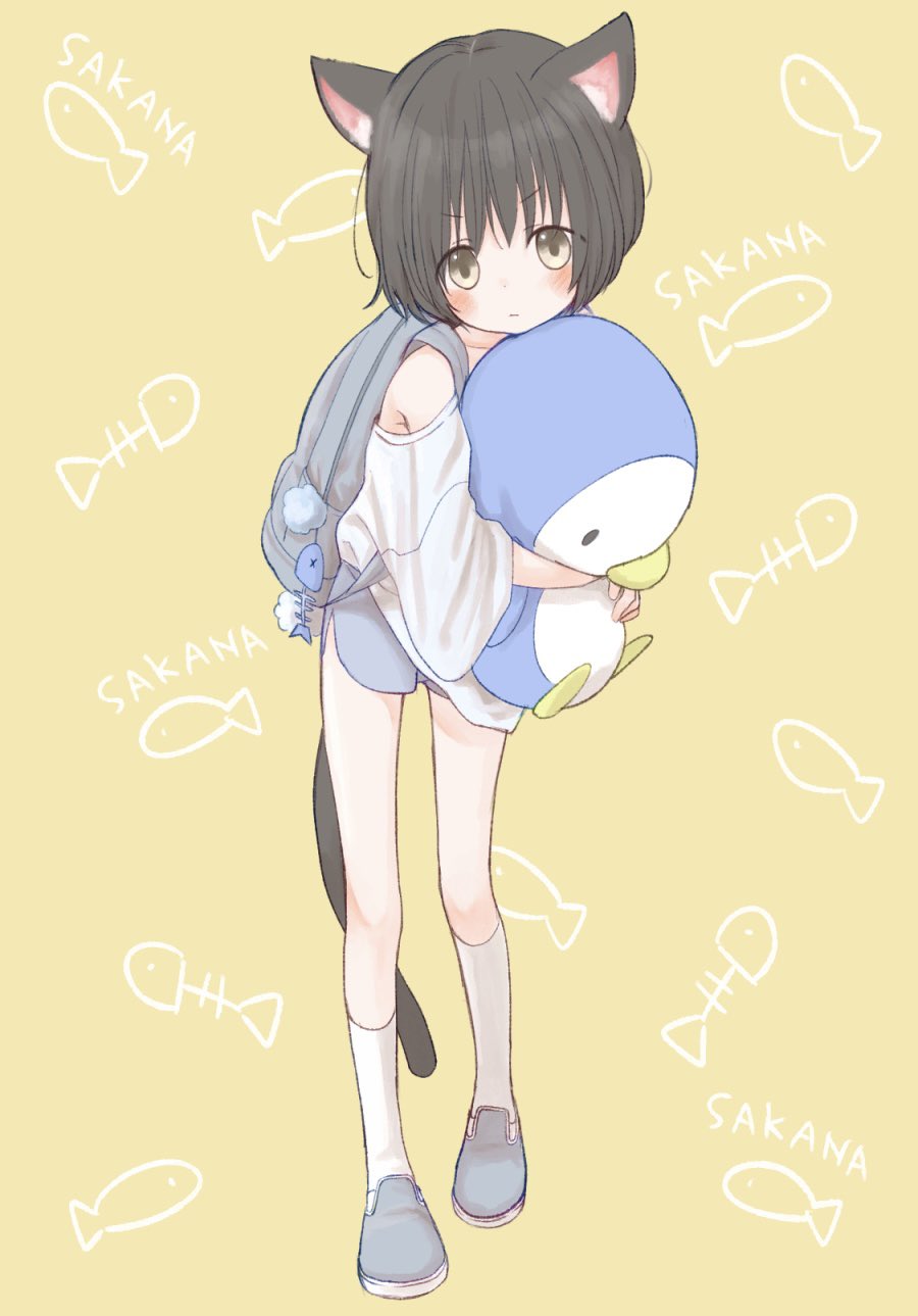 1girl animal_ears backpack bag black_hair blush cat_ears cat_girl cat_tail charm_(object) expressionless fish full_body grey_eyes highres holding holding_stuffed_toy looking_at_viewer loose_clothes loose_shirt original shirt short_hair short_shorts shorts single_bare_shoulder socks solo stuffed_animal stuffed_penguin stuffed_toy tail waramugu white_socks