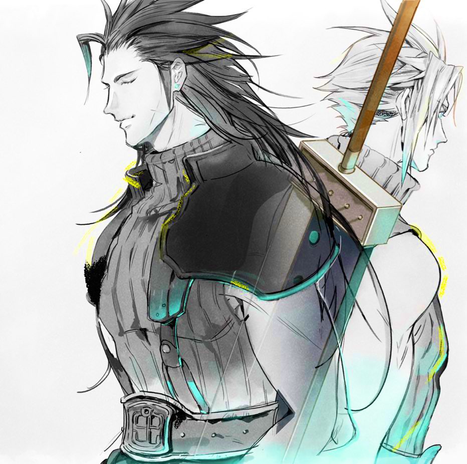 2b_fff 2boys armor back-to-back bare_shoulders black_hair blue_eyes buster_sword closed_eyes closed_mouth cloud_strife commentary cross_scar earrings final_fantasy final_fantasy_vii hair_slicked_back huge_weapon jewelry long_hair male_focus multiple_boys ribbed_sweater scar scar_on_cheek scar_on_face short_hair shoulder_armor simple_background sleeveless sleeveless_turtleneck smile spiky_hair stud_earrings suspenders sweater sword sword_on_back turtleneck turtleneck_sweater upper_body weapon weapon_on_back zack_fair