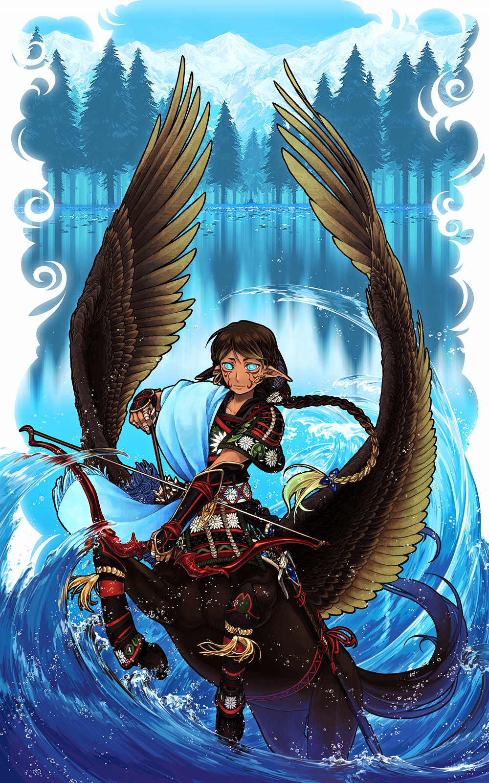 1girl arm_guards armor arrow_(projectile) bandaged_fingers bandages beads black_hair blonde_hair blue_background blue_eyes bow_(weapon) braid braided_ponytail brown_hair centaur closed_mouth day earrings facepaint facial_mark feathered_wings flower_on_liquid hand_up highres holding holding_arrow holding_bow_(weapon) holding_weapon hoop_earrings japanese_armor japanese_clothes jewelry lake long_hair looking_at_viewer mountainous_horizon multicolored_hair pine_tree pixiv_genealogy_of_life pointy_ears quiver rearing sheath sheathed short_sleeves single_braid sky solo sword tassel taur tree two-tone_hair very_long_hair wading watari_taichi water waves weapon wings