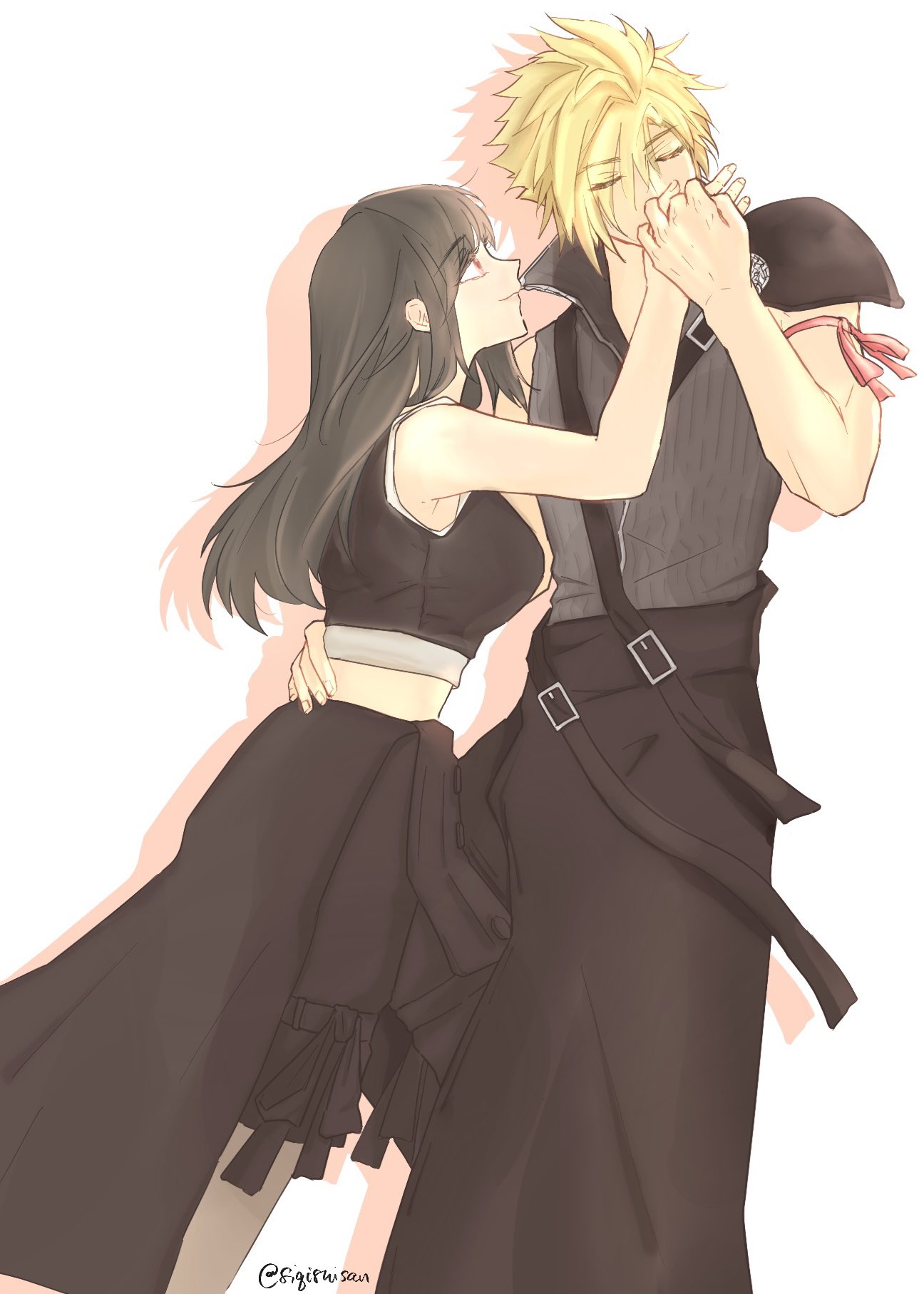 1boy 1girl apron arm_ribbon bare_shoulders belt_buckle black_apron black_hair black_shorts black_vest blonde_hair breasts buckle closed_eyes closed_mouth cloud_strife commentary couple crop_top feet_out_of_frame final_fantasy final_fantasy_vii final_fantasy_vii_advent_children hand_on_another's_hip hetero highres holding_hands kiss kissing_hand large_breasts long_hair looking_at_another midriff popped_collar profile red_eyes red_ribbon ribbed_shirt ribbon shirt short_hair shorts shoulder_belt single_bare_shoulder single_shoulder_pad siqishisan sleeveless sleeveless_shirt smile spiky_hair symbol-only_commentary tank_top tifa_lockhart twitter_username vest waist_apron white_tank_top zipper