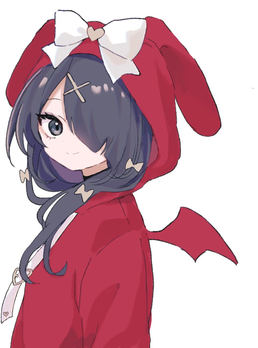 1girl ame-chan_(needy_girl_overdose) black_eyes black_hair bow closed_mouth demon_wings fake_wings from_side hair_down hair_ornament hair_over_one_eye hood hood_up hoodie kabe_(zp66104) long_hair long_sleeves looking_at_viewer needy_girl_overdose official_alternate_costume official_alternate_hairstyle red_hoodie red_wings simple_background smile solo upper_body white_background white_bow wings x_hair_ornament