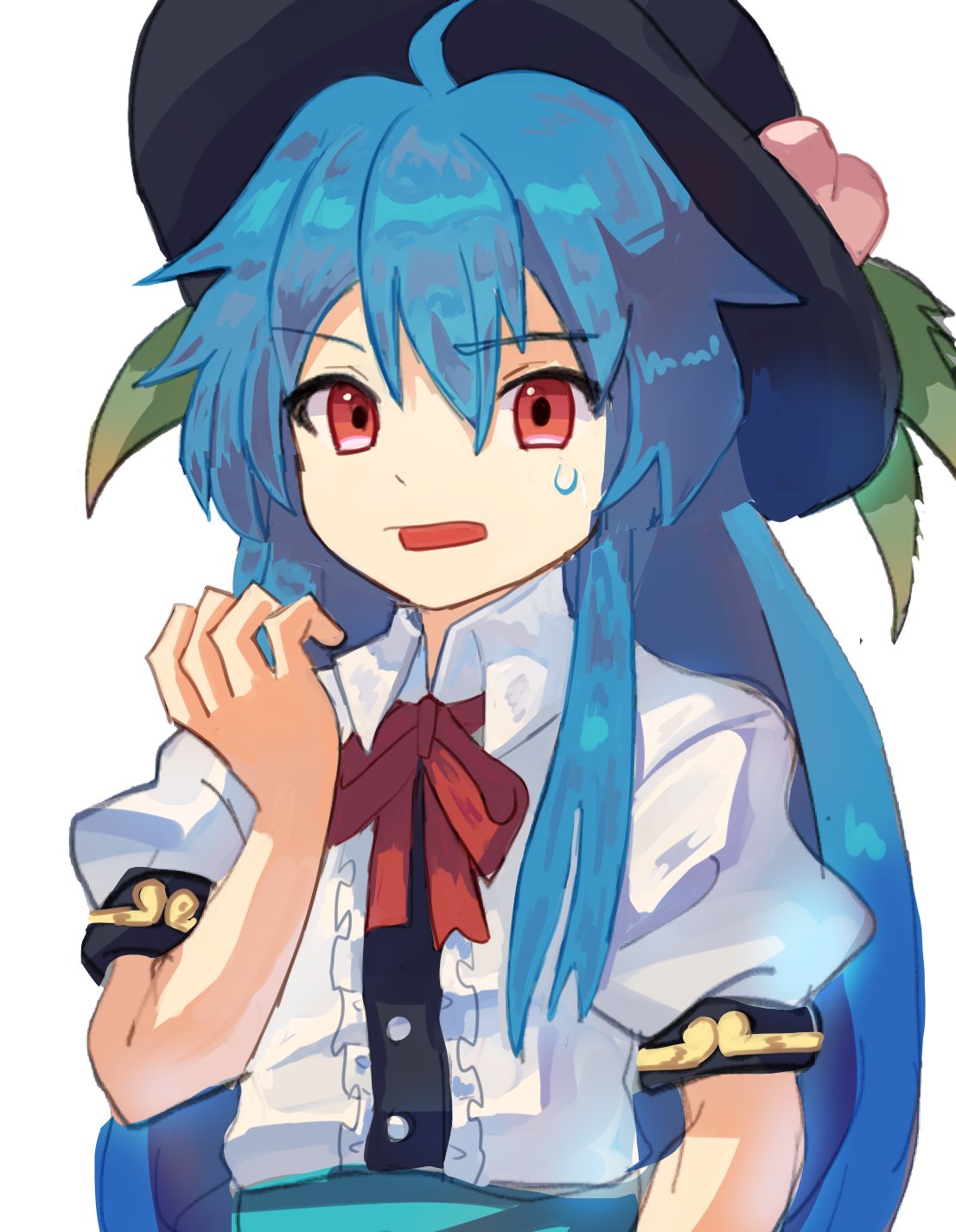 1girl ahoge black_headwear blue_hair bow bowtie collared_shirt commentary_request flat_chest highres hinanawi_tenshi long_hair parted_lips peach_hat_ornament plus2sf puffy_short_sleeves puffy_sleeves red_bow red_bowtie red_eyes shirt short_sleeves solo touhou upper_body very_long_hair white_shirt