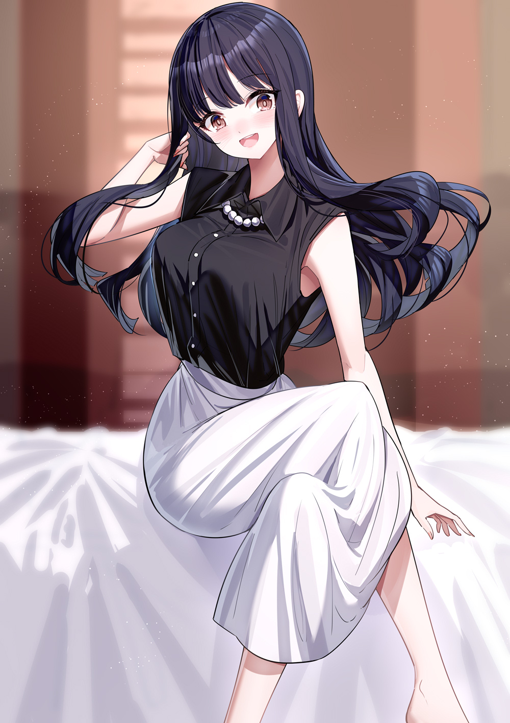 1girl :d bare_arms black_hair black_shirt blurry blurry_background blush boku_no_kokoro_no_yabai_yatsu breasts brown_eyes collared_shirt commentary_request crossed_legs depth_of_field dress_shirt feet_out_of_frame floating_hair hand_up head_tilt highres indoors jewelry long_hair looking_at_viewer medium_breasts necklace pearl_necklace ririko_(zhuoyandesailaer) shirt sitting skirt sleeveless sleeveless_shirt smile solo very_long_hair white_skirt yamada_anna