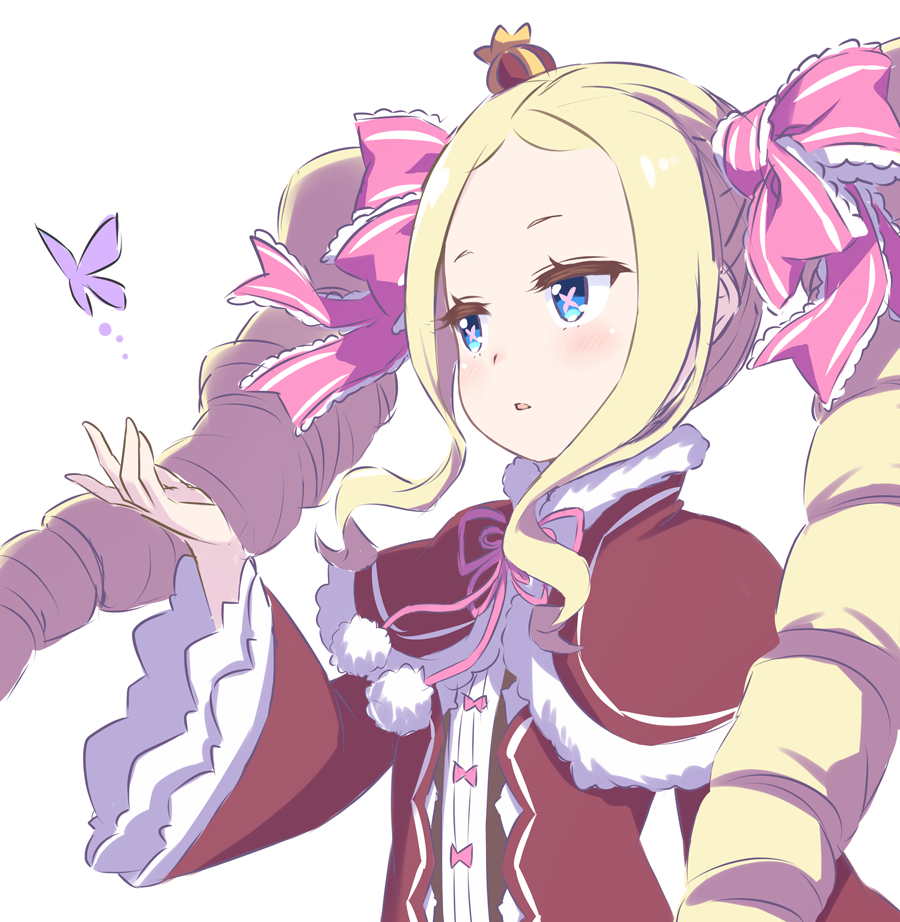 1girl beatrice_(re:zero) blonde_hair blue_eyes blush bug butterfly butterfly-shaped_pupils capelet commentary_request crown dress drill_hair fur-trimmed_capelet fur_trim hair_ribbon long_hair mini_crown open_mouth pink_ribbon purple_butterfly re:zero_kara_hajimeru_isekai_seikatsu red_capelet ribbon s_(hdru2332) sidelocks simple_background solo symbol-shaped_pupils twin_drills twintails upper_body white_background wide_sleeves