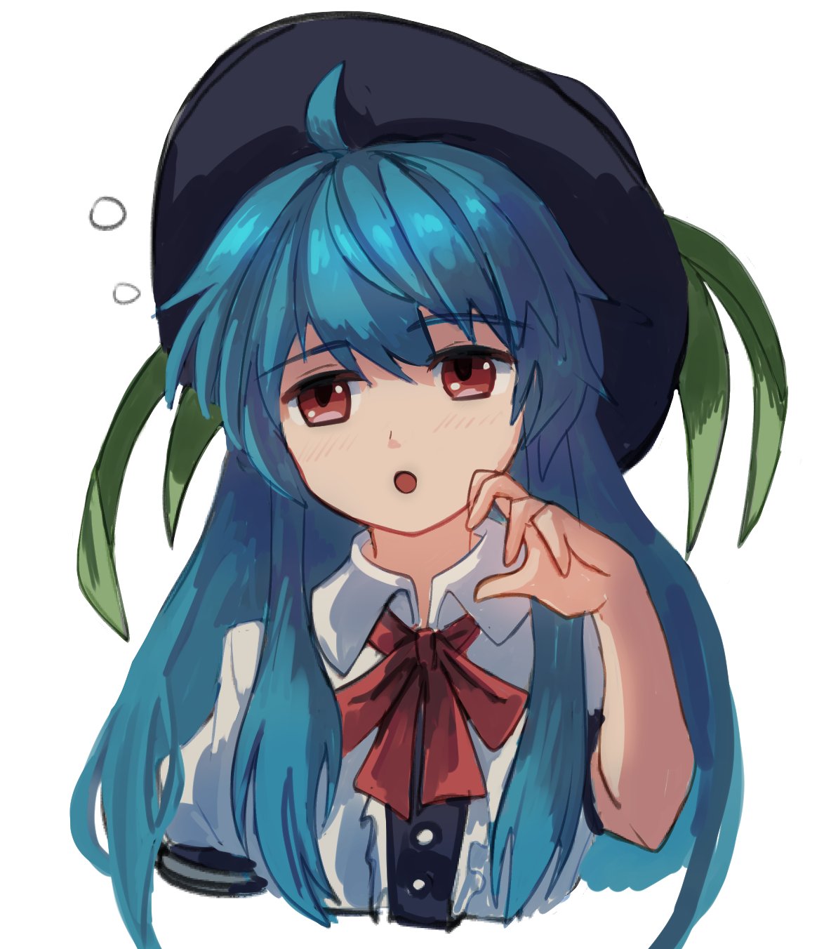 1girl :o ahoge black_headwear buttons center_frills collared_shirt commentary_request cropped_torso frills highres hinanawi_tenshi leaf long_hair neck_ribbon plus2sf puffy_short_sleeves puffy_sleeves red_eyes red_ribbon ribbon shirt short_sleeves sidelocks simple_background solo touhou very_long_hair white_background white_shirt