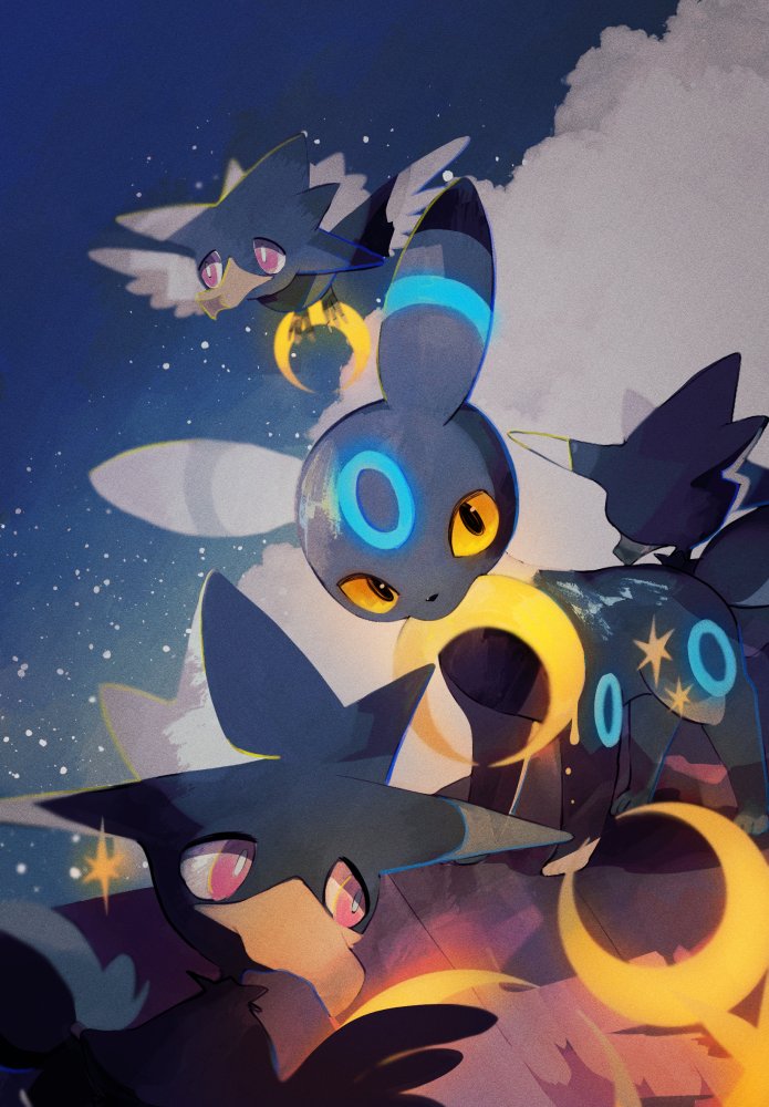 alternate_color animal_focus bird black_eyes black_wings bright_pupils carrying clouds cloudy_sky colored_sclera commentary crescent crescent_moon feathered_wings flying glowing holding li04r moon murkrow night night_sky no_humans outdoors pokemon pokemon_(creature) red_eyes shiny_pokemon sky sparkle standing star_(sky) umbreon wings yellow_sclera