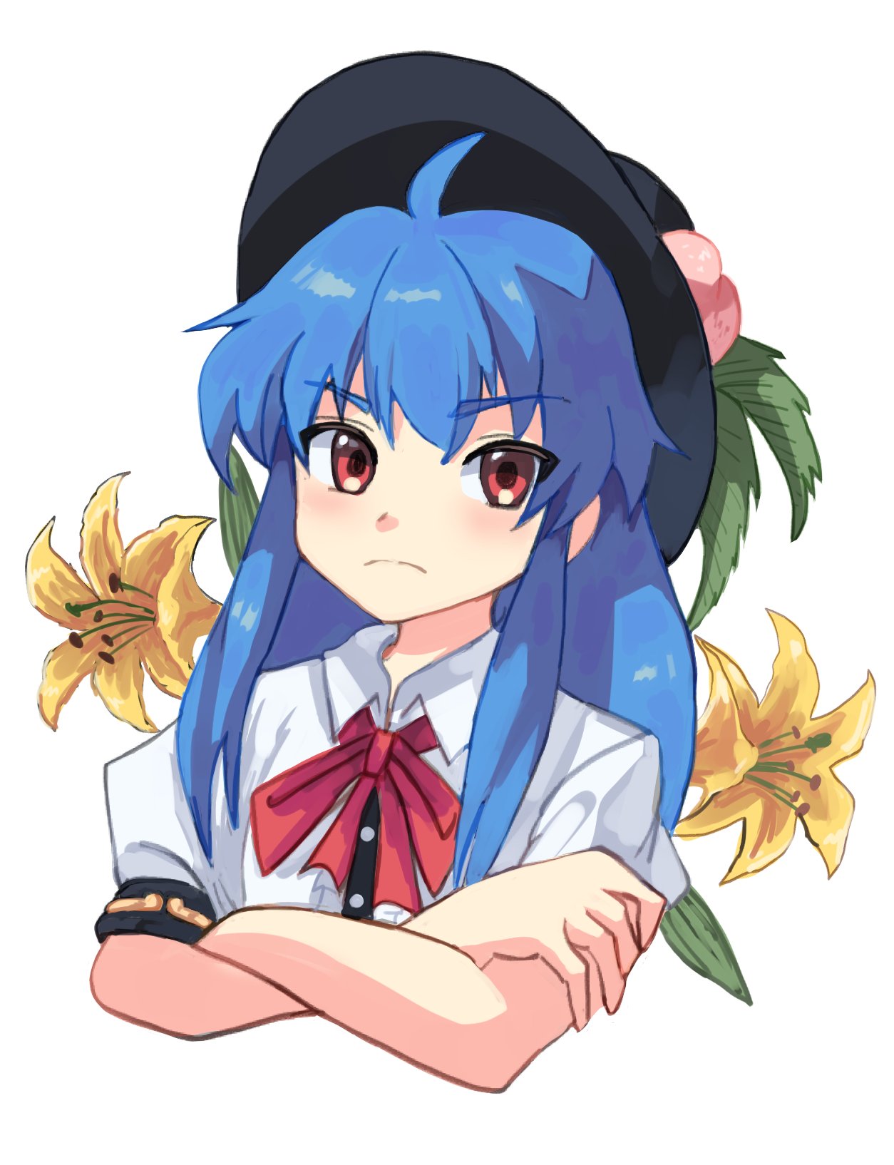 1girl ahoge black_headwear blue_hair bow bowtie closed_mouth collared_shirt commentary_request cropped_torso crossed_arms flower highres hinanawi_tenshi leaf long_hair peach_hat_ornament plus2sf puffy_short_sleeves puffy_sleeves red_bow red_bowtie red_eyes shirt short_sleeves sidelocks simple_background solo touhou very_long_hair white_background white_shirt yellow_flower