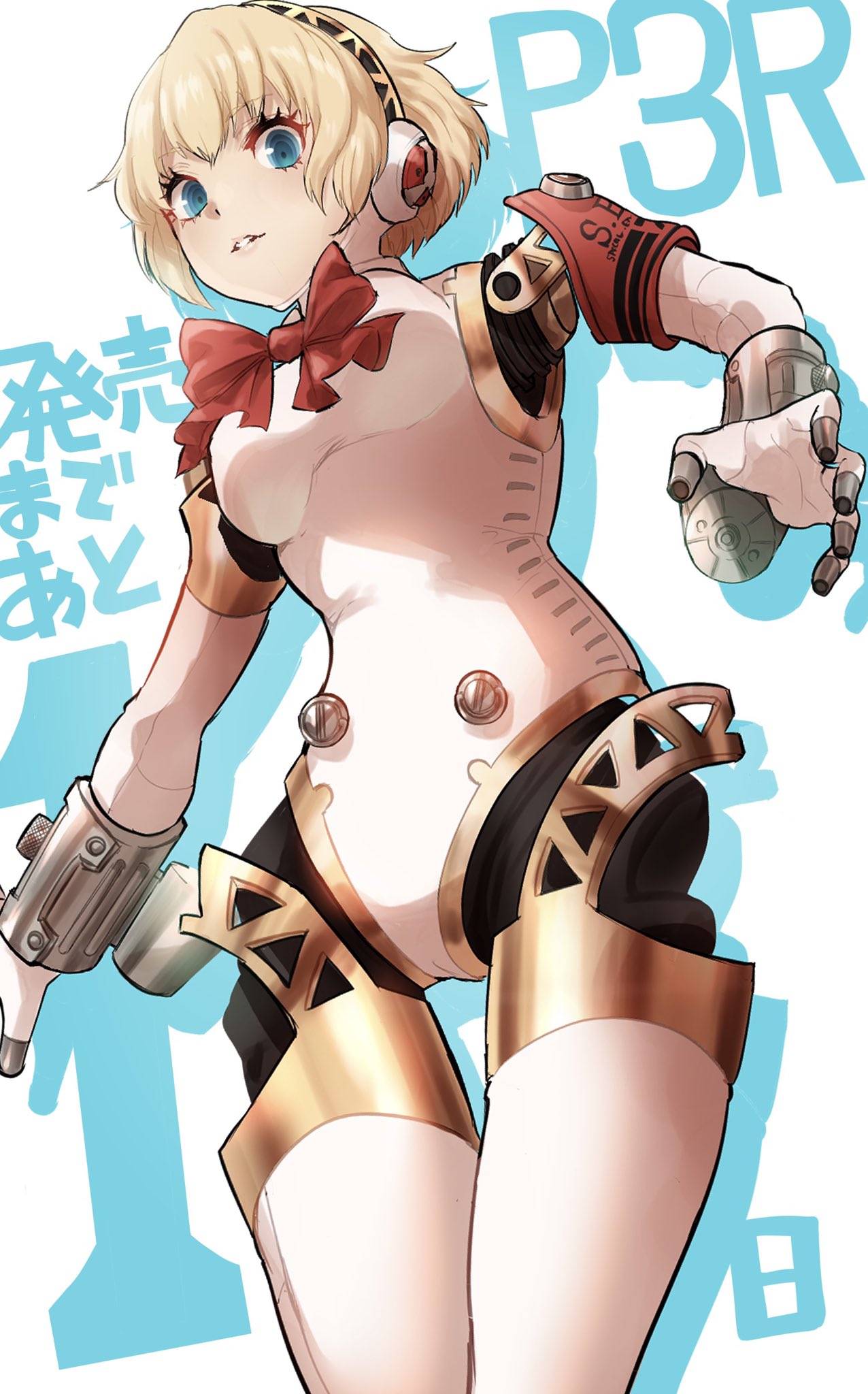 1girl aegis_(persona) blonde_hair blue_eyes bow breasts commentary copyright_name cowboy_shot drop_shadow eyelashes from_below hair_between_eyes highres joints kurosususu looking_at_viewer looking_down mechanical_arms mechanical_legs medium_breasts parted_lips persona persona_3 persona_3_reload red_bow ringed_eyes robot_ears robot_girl robot_joints short_hair simple_background solo thigh_gap translated white_background