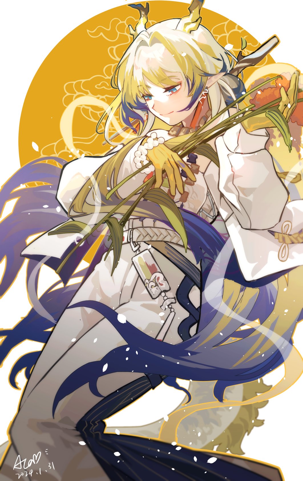 1girl arknights belt blonde_hair blue_hair chinese_commentary colored_skin commentary_request dated dragon_girl dragon_horns dragon_tail earrings feet_out_of_frame grey_hair hair_ornament hairpin half-closed_eyes highres holding_wheat horns jacket jewelry long_sleeves looking_down multicolored_hair pants pointy_ears puyue shu_(arknights) signature simple_background smile solo tail tassel tassel_earrings white_background white_jacket white_pants yellow_background yellow_skin