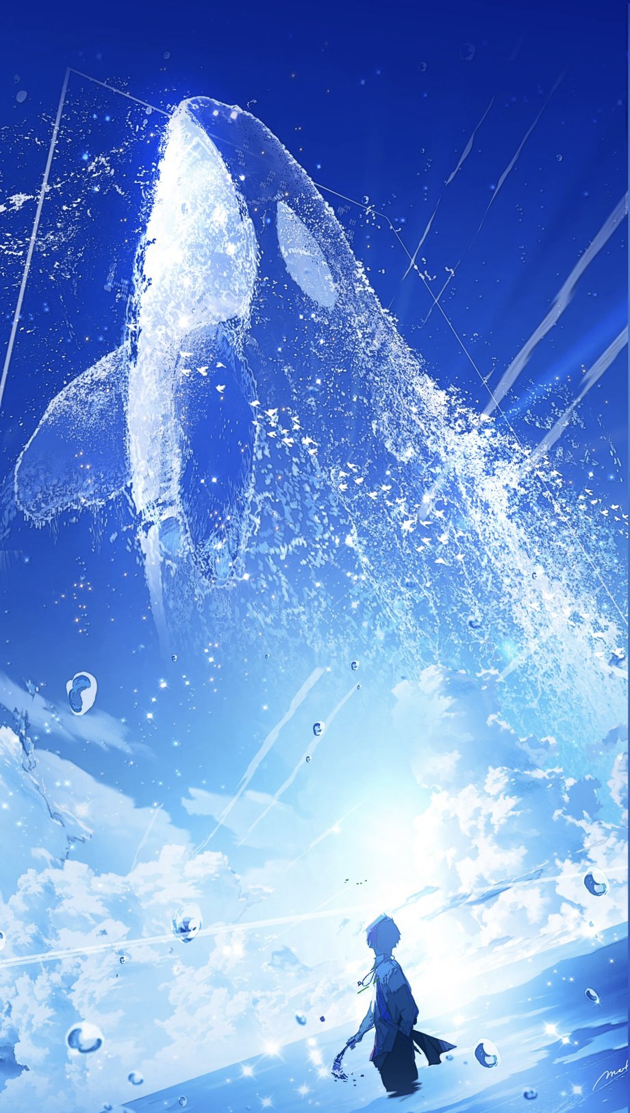 1boy blue_sky clouds day highres holding holding_paintbrush makoron117117 ocean orca original outdoors paintbrush partially_submerged scenery short_hair sky solo water water_drop white_hair