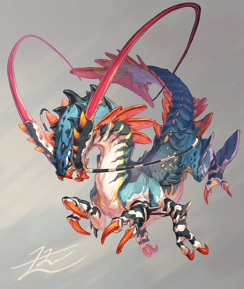 animal_focus chimera claws commentary crustacean english_commentary full_body grey_background highres horns lobster monster multiple_horns multiple_legs no_humans open_mouth original signature simple_background solo spikes tail yamamura_le yellow_eyes