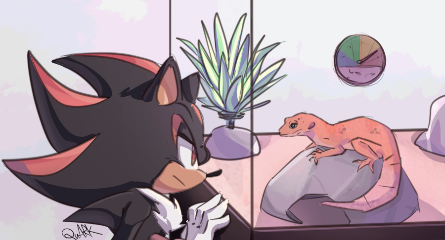 1boy 2020 furry furry_male gloves lizard lizard_tail looking_at_another quark196 red_eyes shadow_the_hedgehog signature sonic_(series) tail upper_body white_gloves