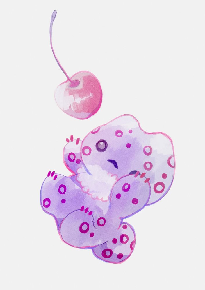 animal_focus arms_up cherry claws commentary expressionless food fruit full_body furdot_(livly_island) grey_background li04r livly_island no_humans o_o polka_dot simple_background solo