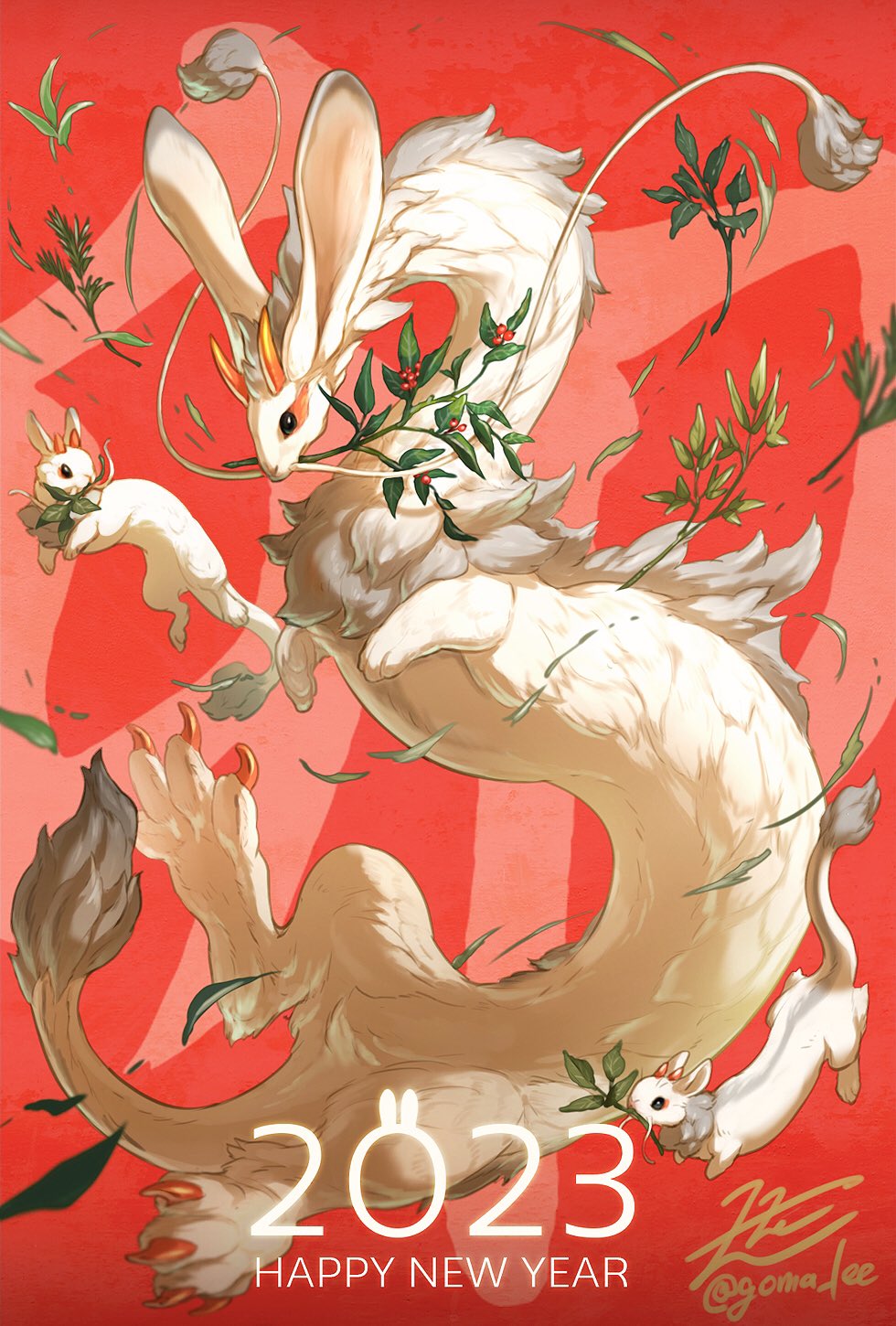 2023 animal_ears animal_focus black_eyes branch chimera chinese_zodiac claws commentary creature dragon eastern_dragon english_commentary falling_leaves from_side full_body fur-tipped_tail happy_new_year highres horns leaf mane mixed-language_commentary mouth_hold no_humans orange_horns original rabbit rabbit_ears red_background signature simple_background tail twitter_username yamamura_le year_of_the_rabbit