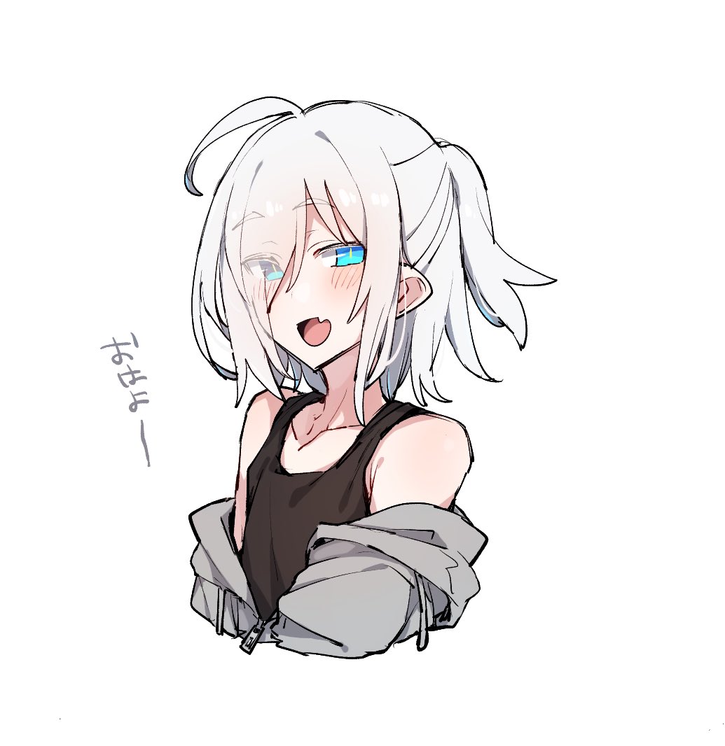 1girl ahoge androgynous armpit_crease bad_id bad_twitter_id bare_shoulders blue_eyes bright_pupils brown_tank_top collarbone cropped_torso eyes_visible_through_hair fang flat_chest grey_hair grey_hoodie hair_over_one_eye half_updo higashi_shino hood hood_down hoodie light_blush looking_at_viewer medium_hair nowareno_(higashi_shino) off_shoulder open_mouth original partially_unzipped simple_background skin_fang slit_pupils smile solo tank_top translation_request upper_body white_background white_pupils