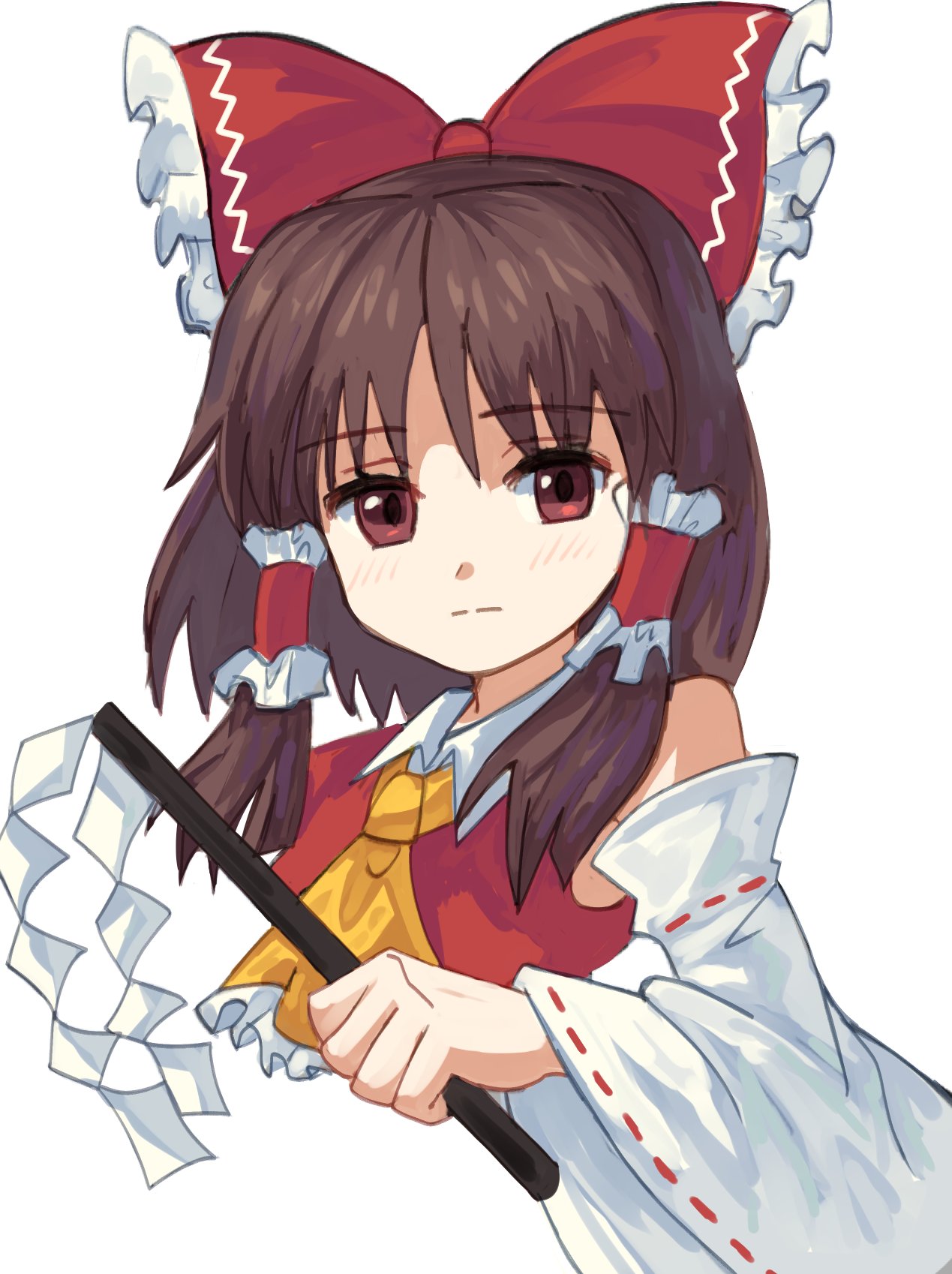 1girl ascot bare_shoulders bow brown_eyes brown_hair closed_mouth commentary_request cropped_torso frilled_ascot frilled_bow frilled_hair_tubes frills gohei hair_bow hair_tubes hakurei_reimu highres holding holding_gohei long_sleeves looking_at_viewer medium_hair plus2sf red_bow red_shirt revision ribbon-trimmed_sleeves ribbon_trim shirt sidelocks sleeveless sleeveless_shirt solo touhou white_sleeves wide_sleeves yellow_ascot