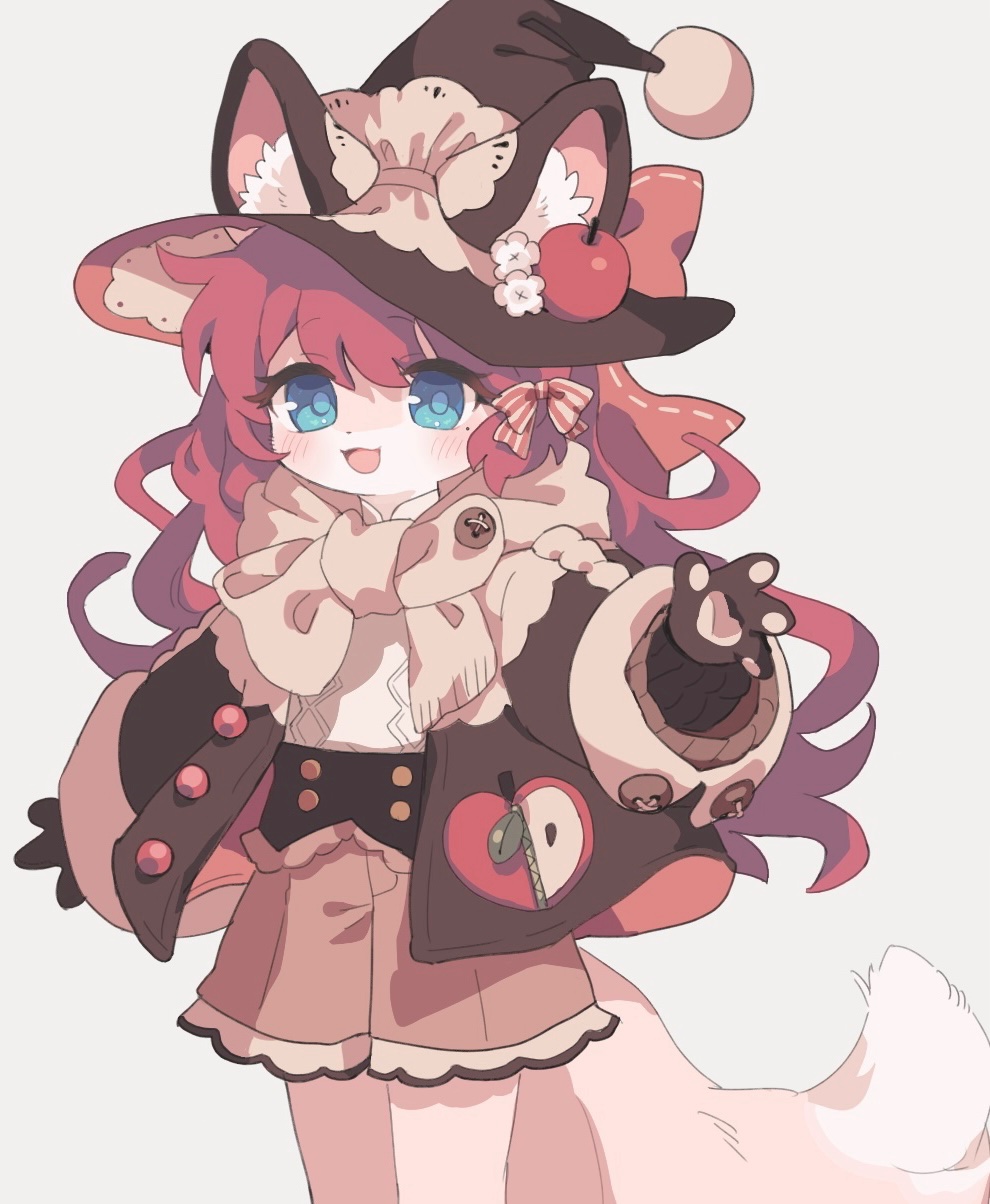 1girl animal_ear_fluff animal_ears apple blue_eyes bow brown_jacket brown_scarf brown_shorts buttons cable_knit cat_ears cat_girl commentary_request commission corset cowboy_shot ears_through_headwear fewer_digits food from_side fruit furry furry_female gomafuto grey_background hair_bow hat hat_bow hat_ornament highres jacket lace_trim long_hair long_sleeves looking_at_viewer open_clothes open_jacket open_mouth original pawpads redhead scarf shorts simple_background smile solo standing wavy_hair witch_hat zipper zipper_pull_tab