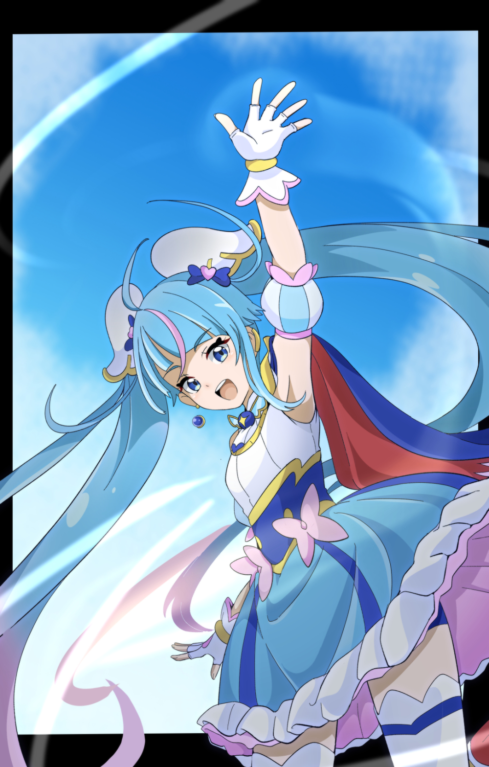 1girl arm_up armpits bike_shorts black_border blue_dress blue_eyes blue_hair blue_shorts border bow brooch cowboy_shot cure_sky cut_bangs detached_sleeves dress dress_bow earclip earrings fingerless_gloves frilled_dress frills gloves gradient_hair highres hirogaru_sky!_precure jewelry long_hair looking_at_viewer magical_girl mochi_curry multicolored_hair open_mouth pink_hair precure puffy_detached_sleeves puffy_sleeves short_dress shorts shorts_under_dress single_earring single_sidelock sleeveless sleeveless_dress smile solo sora_harewataru standing thigh-highs twintails two-tone_dress very_long_hair waving white_dress white_gloves white_thighhighs wing_brooch wing_hair_ornament