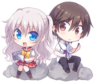 1boy 1girl blush bow brown_eyes brown_hair camera charlotte_(anime) chibi chibi_only closed_mouth commentary eyes_visible_through_hair frown grey_hair hair_between_eyes holding holding_camera homurahara_academy_school_uniform kousetsu long_hair looking_at_another looking_at_viewer lowres miniskirt open_mouth otosaka_yuu pleated_skirt red_sailor_collar red_skirt rock sailor_collar school_uniform shirt short_hair short_sleeves simple_background sitting sitting_on_rock skirt smile tomori_nao two_side_up video_camera wavy_hair white_background white_shirt yellow_bow