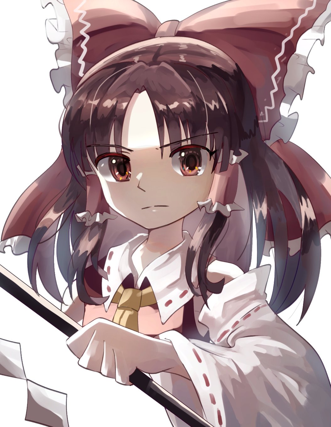 1girl ascot bare_shoulders bow brown_eyes brown_hair closed_mouth commentary_request cropped_torso frilled_ascot frilled_bow frilled_hair_tubes frills gohei hair_bow hair_tubes hakurei_reimu highres holding holding_gohei long_sleeves looking_at_viewer medium_hair plus2sf red_bow red_shirt ribbon-trimmed_sleeves ribbon_trim shirt sidelocks sleeveless sleeveless_shirt solo touhou white_sleeves wide_sleeves yellow_ascot