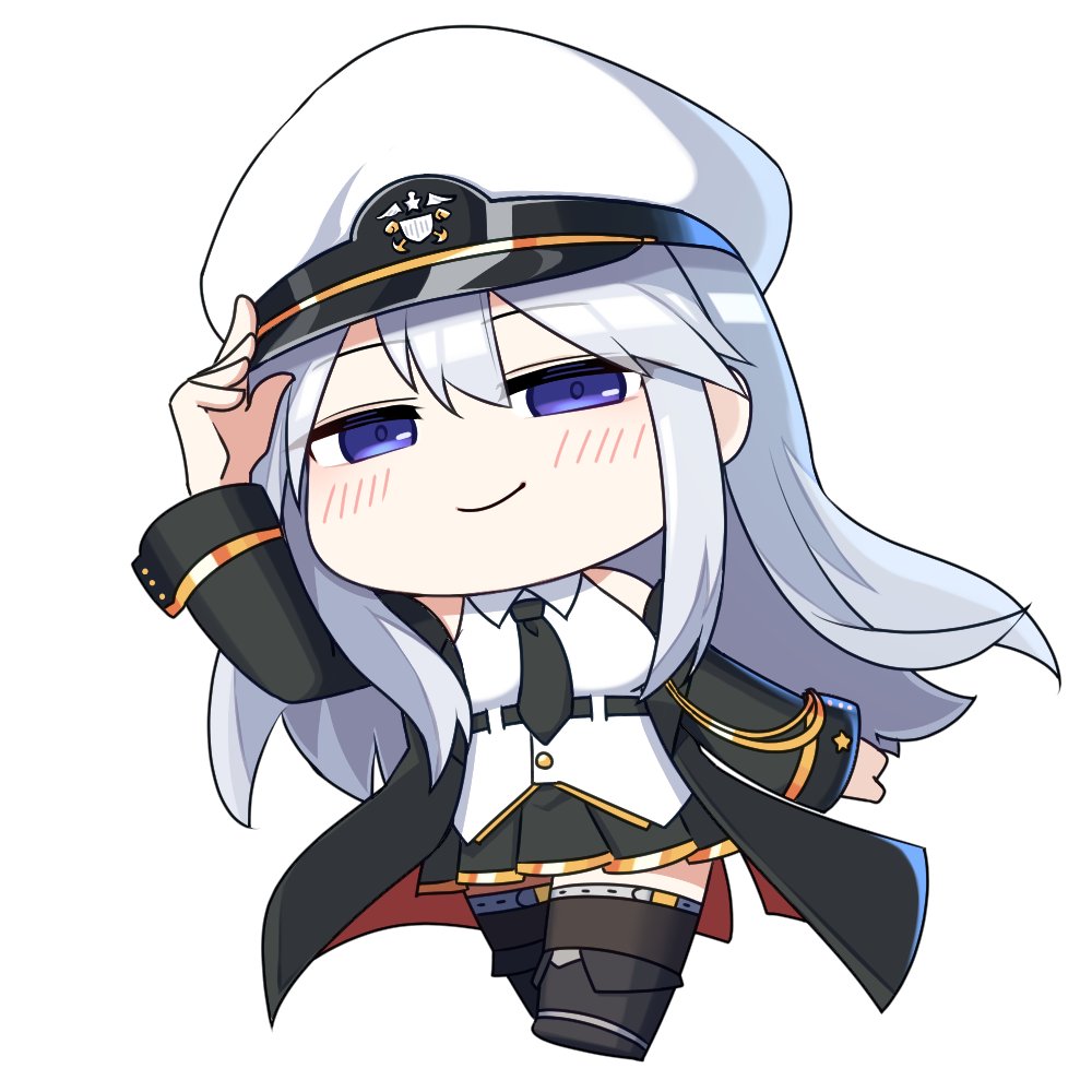 1girl arm_up azur_lane black_coat black_footwear black_necktie black_skirt black_thighhighs boots breasts chibi coat collared_shirt commentary english_commentary enterprise_(azur_lane) full_body gold_trim grey_hair hair_between_eyes half-closed_eyes hat large_breasts light_blush long_hair long_sleeves looking_at_viewer miniskirt necktie no_nose official_art open_clothes open_coat pleated_skirt shirt skirt sleeveless sleeveless_shirt smirk smug solo standing star_(symbol) thigh-highs very_long_hair violet_eyes white_headwear white_shirt