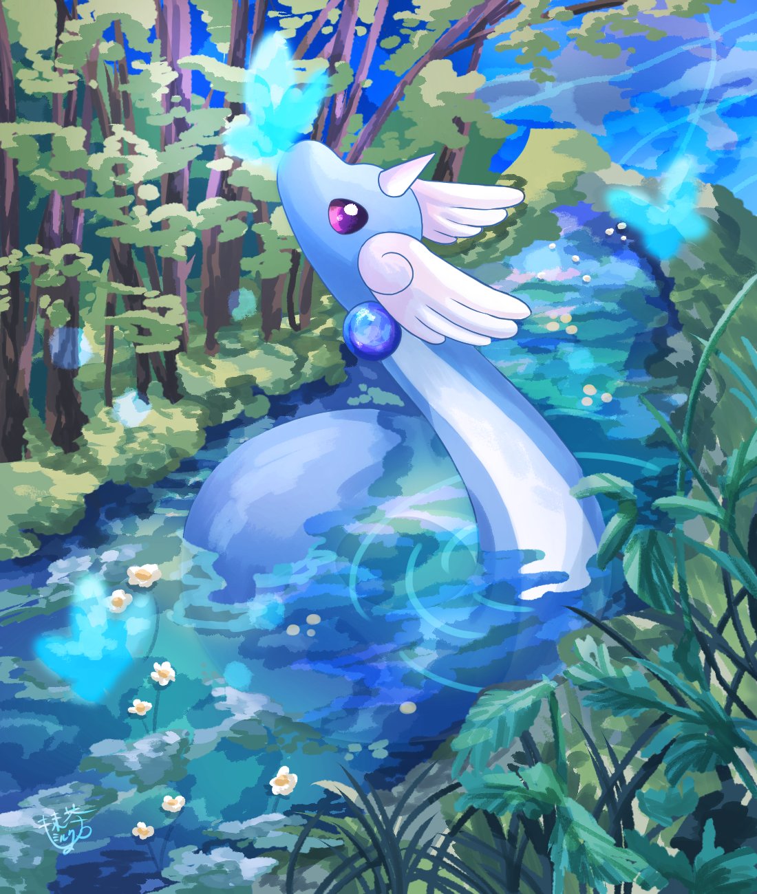 animal_focus blue_butterfly bright_pupils bug butterfly commentary_request dragonair flower grass head_wings highres horns no_humans noteno_sumikk0 outdoors plant pokemon pokemon_(creature) ripples river signature single_horn snake tree violet_eyes water white_pupils wings
