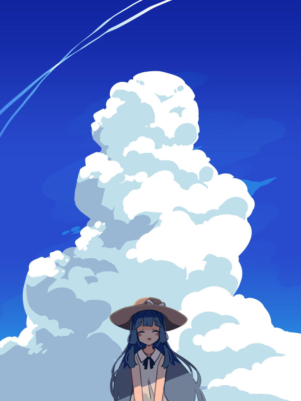 1girl alternate_costume black_ribbon blue_sky blush closed_eyes clouds cloudy_sky collared_dress contrail cumulonimbus_cloud day dress facing_viewer hat highres ini_(inunabe00) kotonoha_aoi low-tied_sidelocks neck_ribbon open_mouth outdoors ribbon shade sky sleeveless sleeveless_dress smile solo straight-on straw_hat sun_hat sundress upper_body v_arms voiceroid white_dress wide_shot