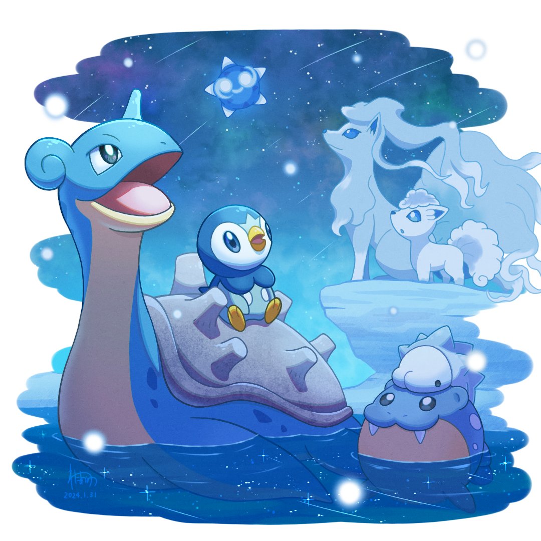 :o afloat alolan_ninetales alolan_vulpix animal_focus bird blue_eyes blue_skin border bright_pupils closed_mouth colored_skin commentary_request dated fangs horns lapras minior minior_(blue_core) minior_(core) multiple_tails night night_sky no_humans open_mouth penguin piplup pokemon pokemon_(creature) shell shooting_star signature single_horn sky snom spheal star_(sky) tail wataame4907 water white_border white_pupils