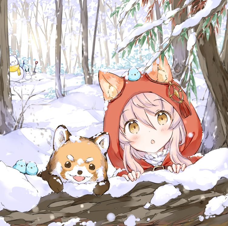 1girl :o animal animal_ear_fluff animal_ears animal_on_head bird blush brown_eyes capelet commentary_request day ears_through_headwear fang footprints forest fox fringe_trim hair_between_eyes hands_up hood hood_up hooded_capelet nature on_head original outdoors parted_lips peeking_out pink_hair red_capelet scarf shirt shovel snow snowman solo wataame27 white_shirt wolf-chan_(wataame27) wolf_ears yellow_scarf