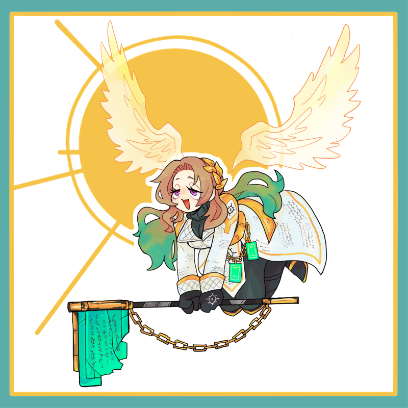 1girl angel_wings axe black_gloves black_pants black_sweater breasts brown_hair chain e.g.o_(project_moon) flying gloves gradient_hair green_hair hcc1bai holding holding_axe large_breasts limbus_company long_hair multicolored_hair open_mouth pants parted_bangs project_moon rodion_(project_moon) smile solo sweater very_long_hair violet_eyes white_wings wings