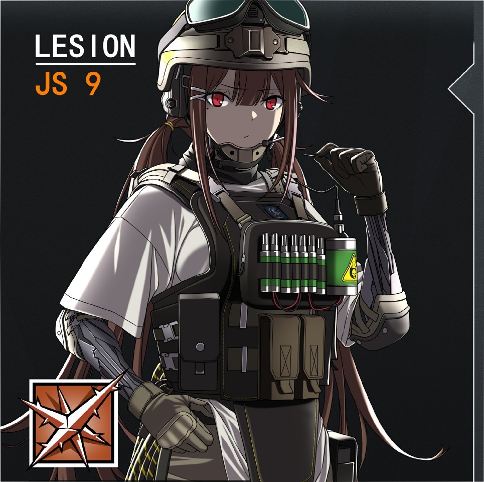 1girl alternate_costume black_gloves brown_hair character_name closed_mouth commentary_request expressionless girls_frontline gloves goggles goggles_on_headwear hair_between_eyes helmet js_9_(girls'_frontline) lesion_(rainbow_six_siege) load_bearing_vest long_hair mechanical_arms parody rainbow_six_siege red_eyes sidelocks solo upper_body yitiao_er-hua