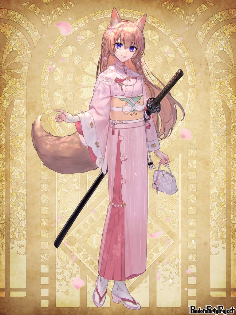 1girl animal_ears arm_at_side bag braid brown_hair copyright_name falling_petals flower flower_braid flower_ornament fox_ears fox_girl fox_tail frilled_sleeves frills full_body hair_between_eyes hair_flower hair_ornament handbag holding holding_bag japanese_clothes katana kimono lace-trimmed_shirt lace_trim long_sleeves looking_at_viewer obi oriti4 outstretched_hand pandora_party_project parted_lips petals pink_flower pink_footwear pink_kimono pinstripe_kimono sandals sash sheath sheathed shirt side_braids smile socks solo standing striped_clothes striped_kimono sword tabi tail violet_eyes weapon white_shirt white_socks wide_sleeves yellow_background zouri