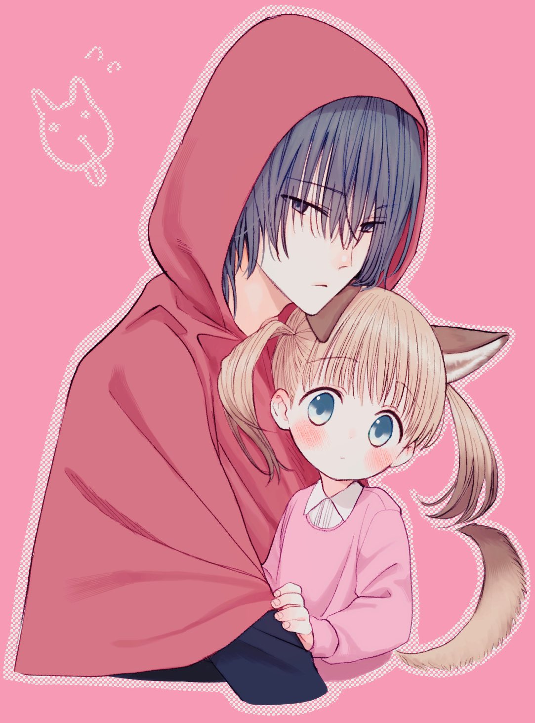 1boy 1girl age_difference animal_ears black_eyes black_hair blue_eyes blush brown_hair capelet couple cropped_torso highres hood hooded_capelet light_brown_hair little_red_riding_hood looking_at_viewer multicolored_hair original pink_sweater red_capelet red_hood streaked_hair sweater tail upper_body waramugu wolf_ears wolf_girl wolf_tail