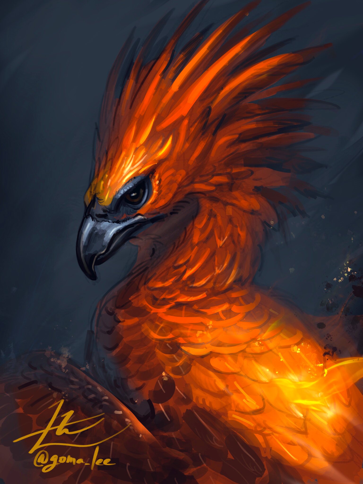 animal_focus beak bird black_background brown_eyes commentary_request from_behind glowing glowing_feather highres looking_at_viewer no_humans original phoenix portrait realistic signature solo twitter_username yamamura_le
