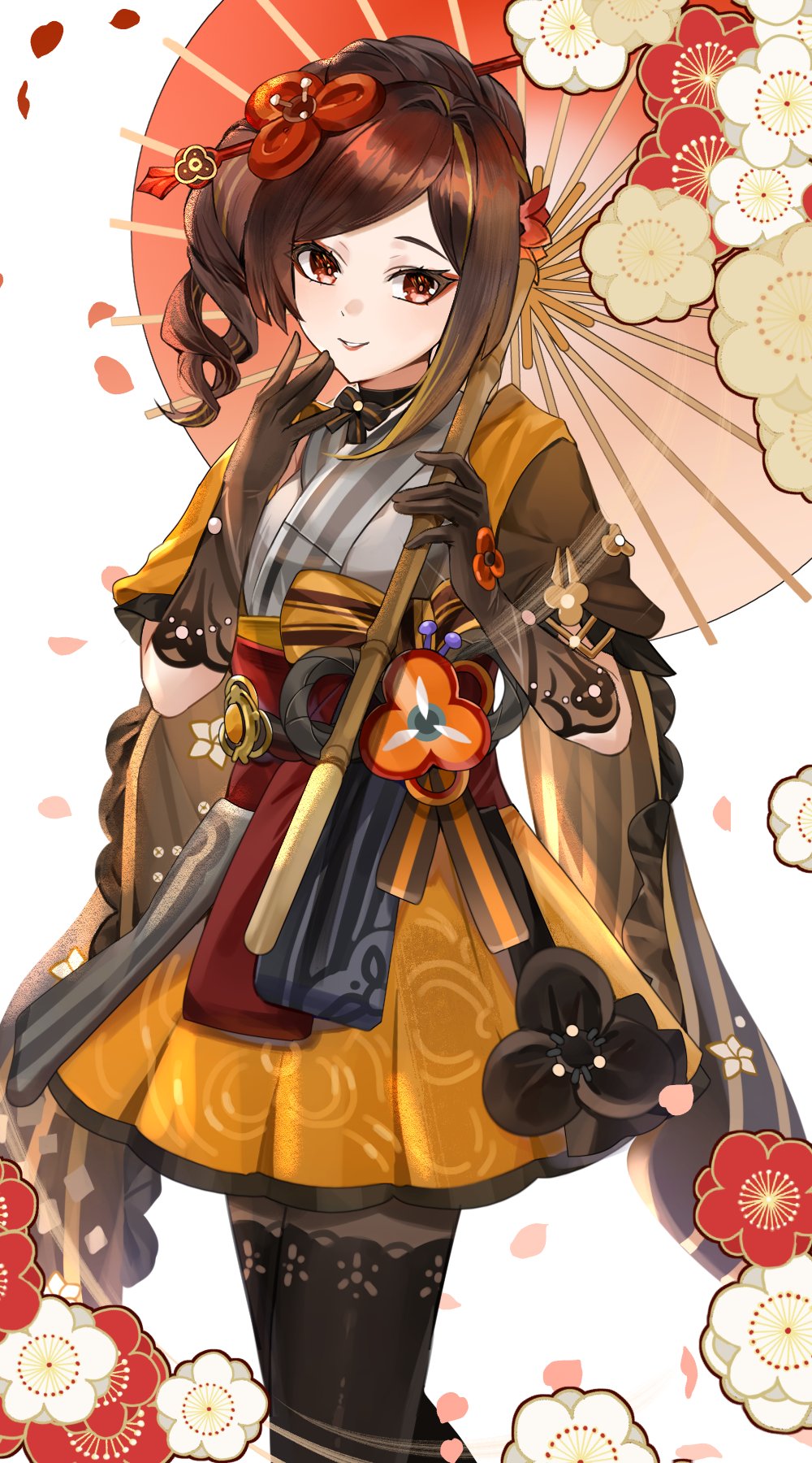 1girl black_gloves black_pantyhose brown_eyes brown_hair chiori_(genshin_impact) cowboy_shot drill_hair genshin_impact gloves grey_kimono grin gyoju_(only_arme_nim) highres holding holding_umbrella japanese_clothes kimono long_hair looking_at_viewer pantyhose parted_lips pleated_skirt short_sleeves side_ponytail skirt smile solo standing umbrella yellow_skirt