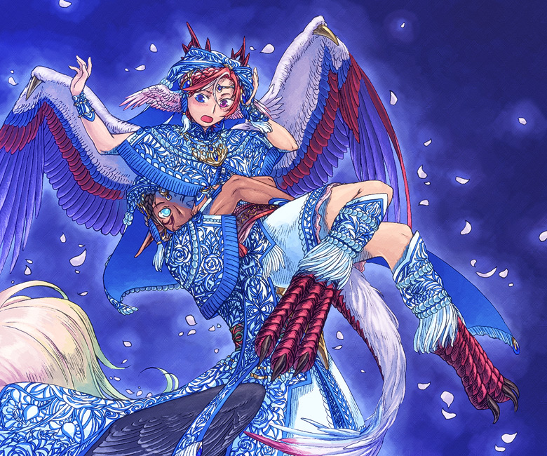 1boy 1girl aqua_eyes armor bird_girl bird_legs black_wings blue_capelet blue_eyes blue_headwear blue_robe blue_wings braid braided_bangs brown_hair capelet circlet couple dark-skinned_male dark_skin dragon_horns dragon_tail dress facepaint facial_mark feathered_wings forehead_jewel frills fringe_trim glowing hands_up head_wings headdress heterochromia horns hug japanese_armor japanese_clothes leg_warmers lifting_person looking_at_viewer looking_down looking_to_the_side multicolored_hair multiple_wings one_eye_covered open_mouth petals pixiv_genealogy_of_life pointy_ears red_wings redhead robe smile streaked_hair tail tassel taur veil violet_eyes watari_taichi white_dress white_hair white_wings wings worried wrist_cuffs yellow_tail