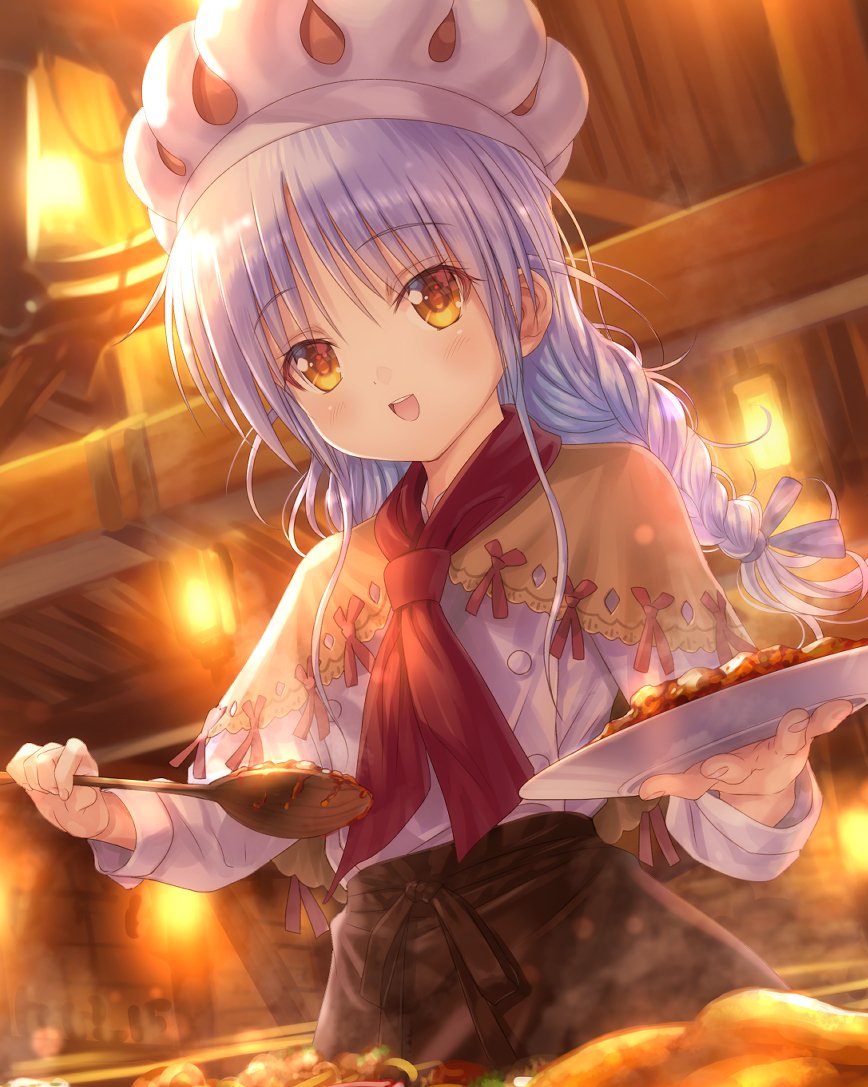 1girl :d alternate_costume angel_beats! blush braid brown_capelet brown_skirt capelet commentary_request cowboy_shot eyelashes food goto_p happy high-waist_skirt holding holding_plate holding_spoon indoors long_hair long_sleeves looking_at_viewer low_twin_braids necktie open_mouth plate red_necktie shirt sidelighting skirt smile solo spoon steam tachibana_kanade teeth twin_braids upper_teeth_only waitress white_hair white_headwear white_shirt yellow_eyes