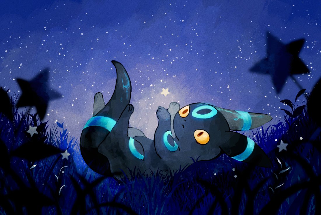 alternate_color animal_focus blue_theme blurry colored_sclera commentary depth_of_field foliage glowing grass li04r looking_up lying night night_sky no_humans on_back outdoors pokemon pokemon_(creature) shiny_pokemon sky star_(sky) star_(symbol) symbol-only_commentary umbreon yellow_sclera