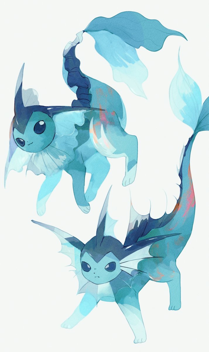 animal_focus blue_eyes bright_pupils commentary fins full_body grey_background happy head_fins highres li04r no_humans pokemon pokemon_(creature) serious simple_background smile standing vaporeon