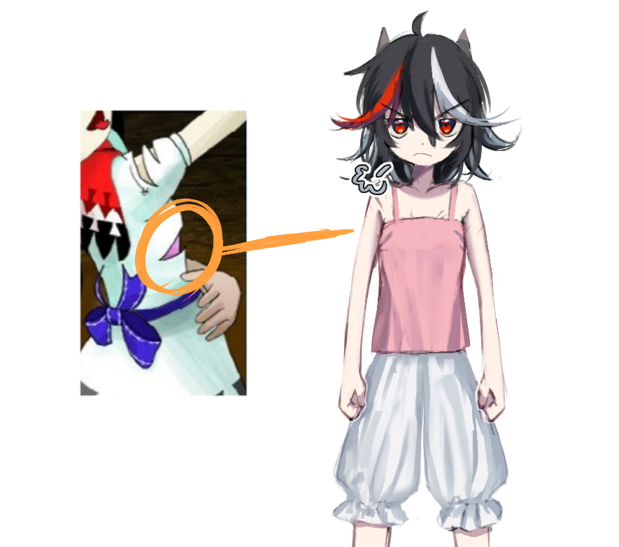 1girl adapted_costume black_hair bloomers camisole clenched_hands commentary_request demon_horns feet_out_of_frame flat_chest frown hair_between_eyes horns jitome kijin_seija looking_at_viewer medium_hair messy_hair mochino_wip multicolored_hair official_art_inset pink_camisole puff_of_air red_eyes simple_background solo straight-on streaked_hair touhou white_background