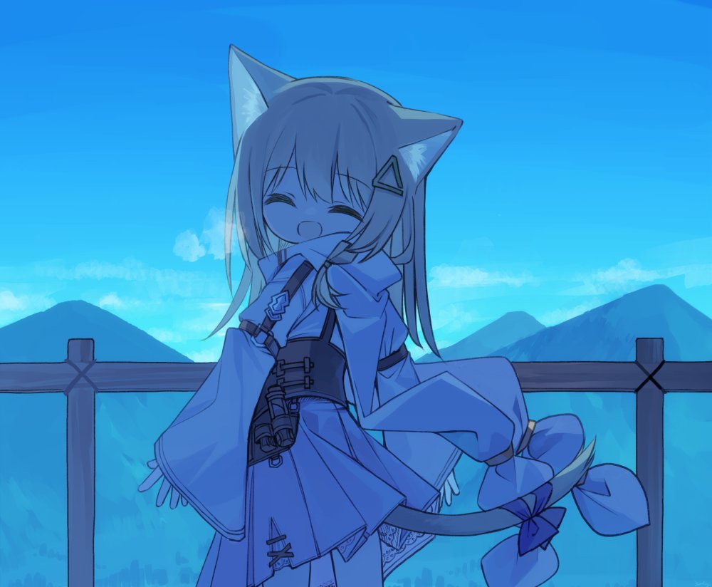 1girl :d ^_^ animal_ear_fluff animal_ears blue_sky breath brown_hair cat_ears cat_girl cat_tail closed_eyes clouds commentary_request day facing_viewer fence hair_ornament hood hood_down hoodie long_hair long_sleeves looking_at_viewer looking_to_the_side mountain original outdoors pleated_skirt skirt sky sleeves_past_wrists smile solo tail waka_(yuuhagi_(amaretto-no-natsu)) white_hoodie wide_sleeves yuuhagi_(amaretto-no-natsu)
