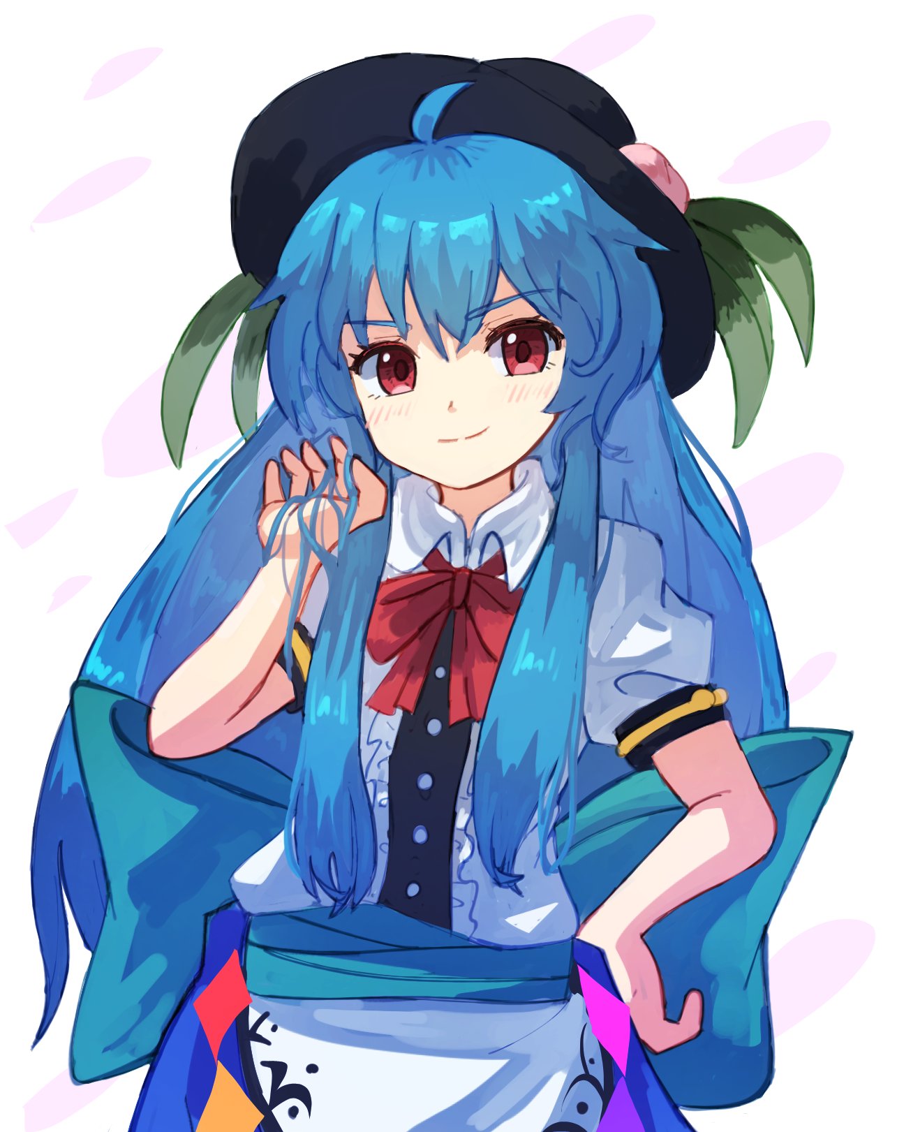 1girl ahoge apron back_bow black_hair blue_bow blue_hair blue_skirt bow bowtie center_frills collared_shirt commentary_request cowboy_shot frills hand_in_own_hair hand_on_own_hip highres hinanawi_tenshi leaf long_hair peach_hat_ornament plus2sf puffy_short_sleeves puffy_sleeves red_bow red_bowtie red_ribbon ribbon shirt short_sleeves sidelocks simple_background skirt solo touhou very_long_hair waist_apron waist_bow white_apron white_background white_shirt