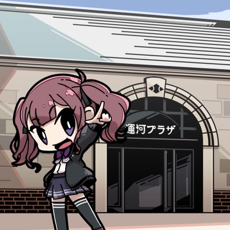1girl arm_at_side black_thighhighs blue_skirt blue_sky blunt_bangs bow bowtie brown_hair building cevio chibi contrapposto day glass_door jacket long_hair long_sleeves looking_at_viewer lowres moyasiwhite natsuki_karin open_clothes open_jacket open_mouth otaru_(hokkaido) outdoors pleated_skirt pointing pointing_forward purple_bow purple_bowtie real_world_location second-party_source shirt skirt sky sliding_doors smile solo standing synthesizer_v thigh-highs twintails violet_eyes white_shirt