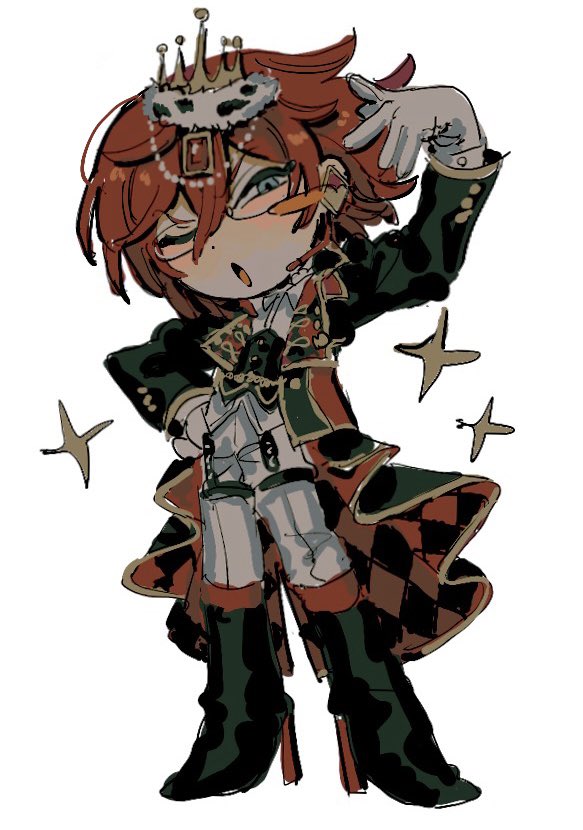 1boy black_coat black_footwear blue_eyes boots checkered_clothes chibi coat crown ensemble_stars! full_body glasses gloves hand_on_own_hip high_heel_boots high_heels looking_at_viewer military_uniform one_eye_closed open_mouth pants redhead saegusa_ibara short_hair solo standing star_(symbol) uniform ureyyyyy white_background white_gloves white_pants wonder_game_(ensemble_stars!)