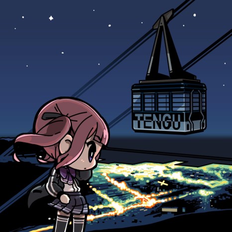 1girl black_jacket black_skirt black_thighhighs blunt_bangs bow bowtie brown_hair cable_car cevio chibi city_lights closed_mouth expressionless feet_out_of_frame floating_hair hand_on_own_hip horizon jacket long_hair long_sleeves lowres moyasiwhite natsuki_karin night open_clothes open_jacket otaru_(hokkaido) outdoors pleated_skirt profile purple_bow purple_bowtie real_world_location romaji_text second-party_source shirt shirt_tucked_in skirt sky solo standing star_(sky) starry_sky synthesizer_v thigh-highs twintails violet_eyes white_shirt wind