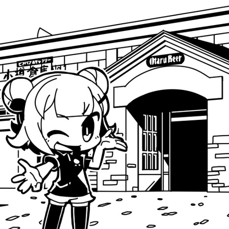 1girl alternate_costume building cevio chibi collared_shirt commentary_request double_bun english_text flipped_hair greyscale hair_bun hand_up koharu_rikka looking_at_viewer lowres monochrome moyasiwhite one_eye_closed open_door open_mouth otaru_(hokkaido) outdoors outstretched_hand polo_shirt real_world_location shirt short_hair short_shorts short_sleeves shorts smile solo standing synthesizer_v thigh-highs v-shaped_eyebrows